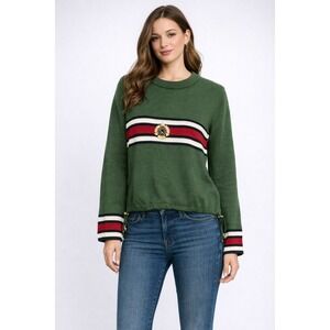 ST JOHN SPORT  Marie Gray Green Striped Knit Sweater Size M Crest Preppy Classic